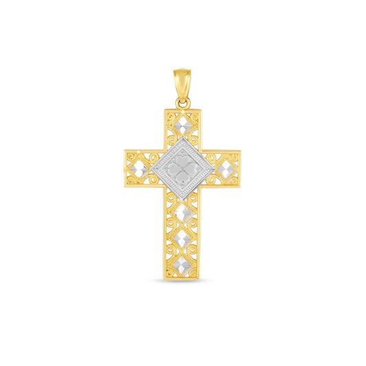 Pendentif croix bicolore en or 14 carats, finition polie, taille diamant