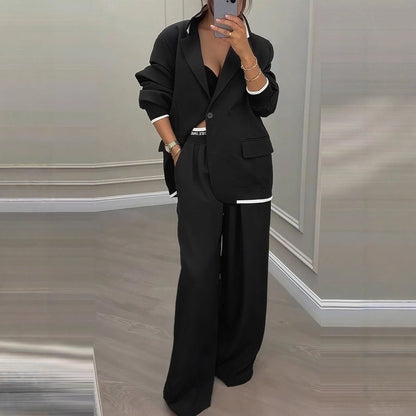 European And American Cross-Border 2026 Autumn And Winter New Women's Clothing Amazon Style Long-Sleeve Jacket Casual Wide-Leg Pants Suit Set