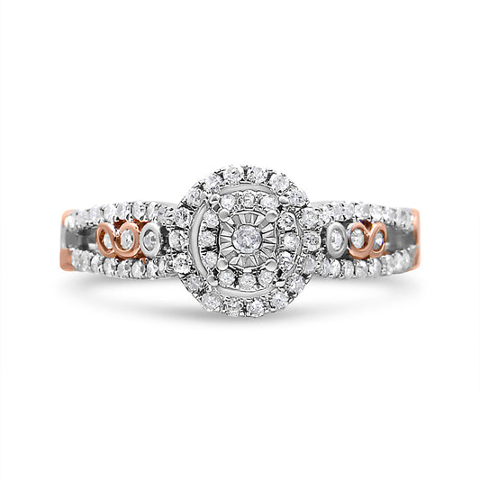 Bague de fiançailles en argent sterling 925 plaqué or rose 14K avec diamants ronds de 0,38 carat, double cadre et tige fendue croisée (couleur I-J, pureté I2-I3) - Taille 7