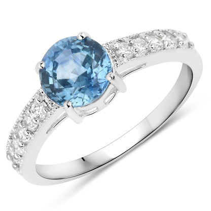 1.90 Carat Genuine Blue Sapphire and White Diamond 14K White Gold Ring