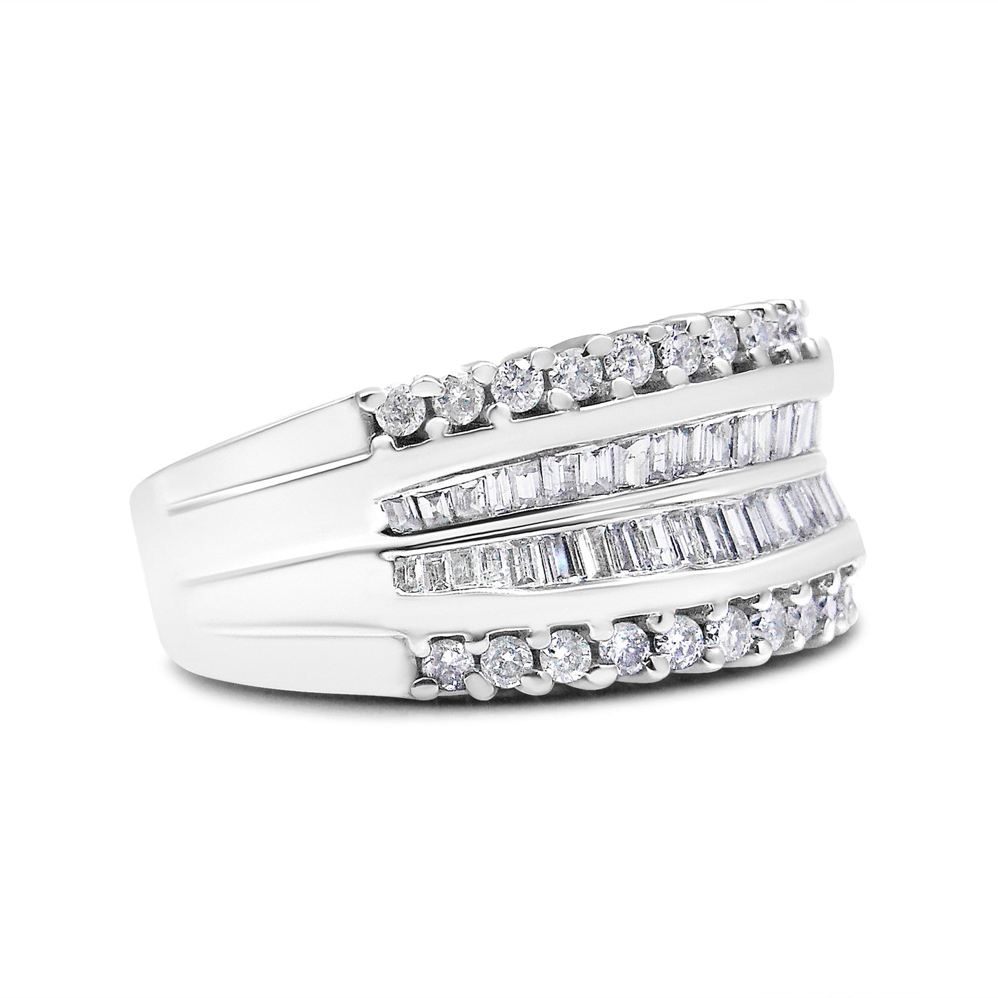 14K White Gold 1.00 Cttw Round and Baguette-Cut Diamond Modern Band Ring (H-I Color, SI2-I1 Clarity) - Ring Size 7