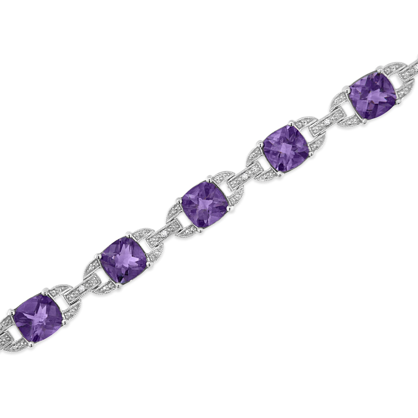 .925 Sterling Silver 7mm Cushion Cut Amethyst Gemstone and Diamond Tennis Link Bracelet (I-J Color, I1-I2 Clarity) - Size 7"