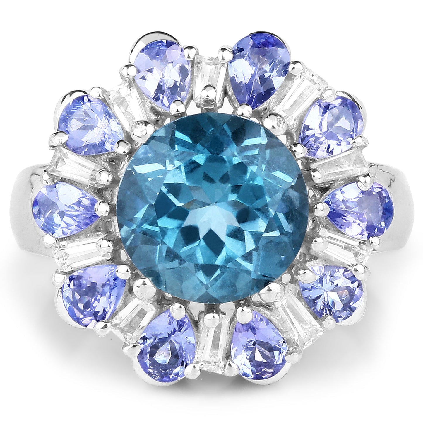 6.19 Carat Genuine London Blue Topaz, Tanzanite & White Topaz .925 Sterling Silver Ring