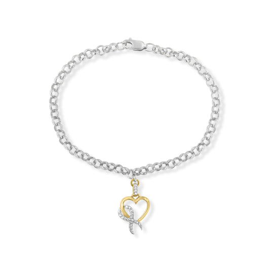 Bracelet jonc en argent sterling 925 de 17,78 cm avec pendentif ruban de sensibilisation et cœur en or jaune 10K et diamant 1/10 Cttw (couleur H-I, pureté I1-I2)