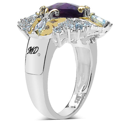 3.91 Carat Genuine Amethyst, Blue Topaz & White Diamond .925 Sterling Silver Ring