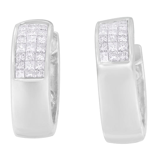 Boucles d'oreilles huggies en or blanc 14 carats, diamants taille princesse et ronds 1,125 ct tw (H-I, VS1-VS2)