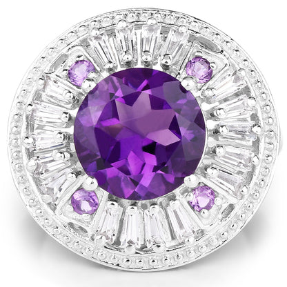 5.58 Carat Genuine Amethyst and White Topaz .925 Sterling Silver Ring