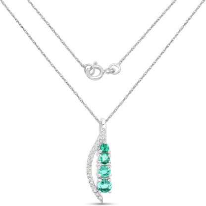 0.34 Carat Genuine Zambian Emerald and White Diamond 14K White Gold Pendant