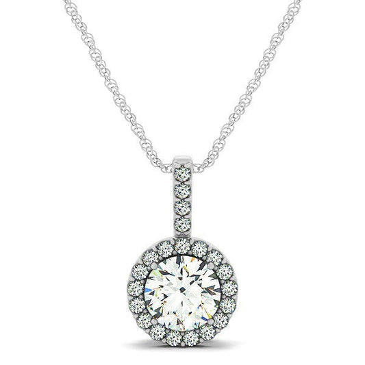 Pendentif halo en or blanc 14 carats avec diamant rond (total 5/8 carat)