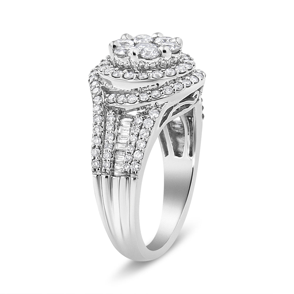 14K White Gold 1 1/2 Cttw Diamond Floral Cluster and Studded Shank Halo Ring (H-I Color, SI2-I1 Clarity) - Ring Size 7