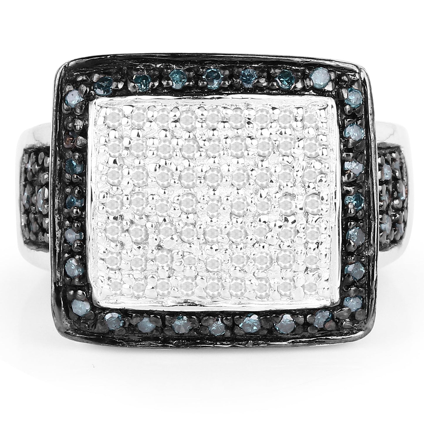 0.64 Carat Genuine White Diamond and Blue Diamond .925 Sterling Silver Ring