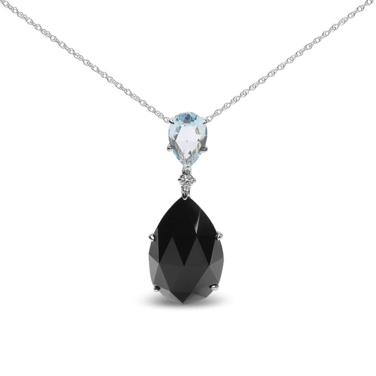 Collier Pendentif 18" Or Blanc 18K avec Accents Diamant et Topaze Bleue Ciel Taille Poire et Onyx Noir Taille Poire (Couleur G-H, Clarté SI1-SI2)