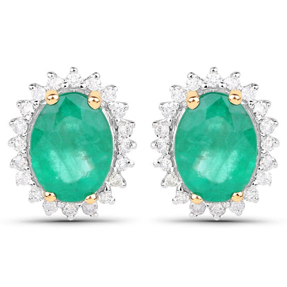 2.66 Carat Genuine Zambian Emerald and White Diamond 14K Yellow Gold Earrings
