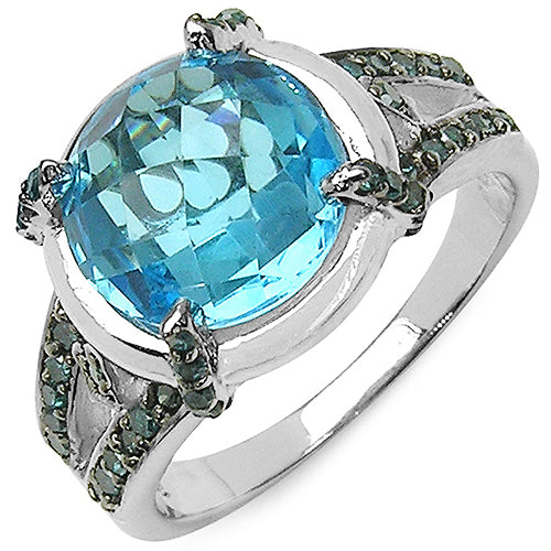 5.43 Carat Genuine Swiss Blue Topaz & Blue Diamond .925 Sterling Silver Ring