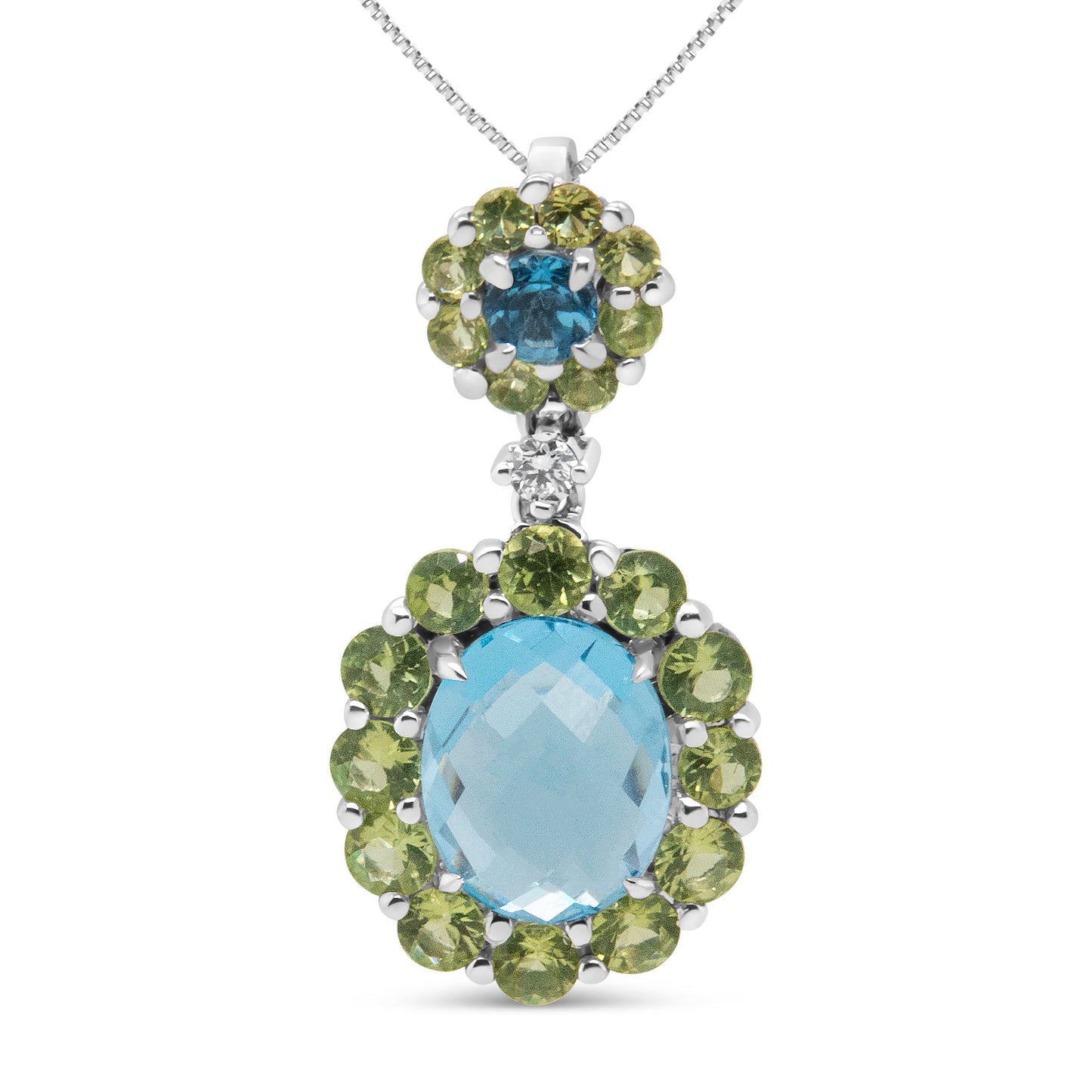 18k White Gold 0.05 Cttw Round Diamond and Blue Topaz and Green Peridot Gemstone Halo Drop 18" Pendant Necklace (F-G Color, VS1-VS2 Clarity)