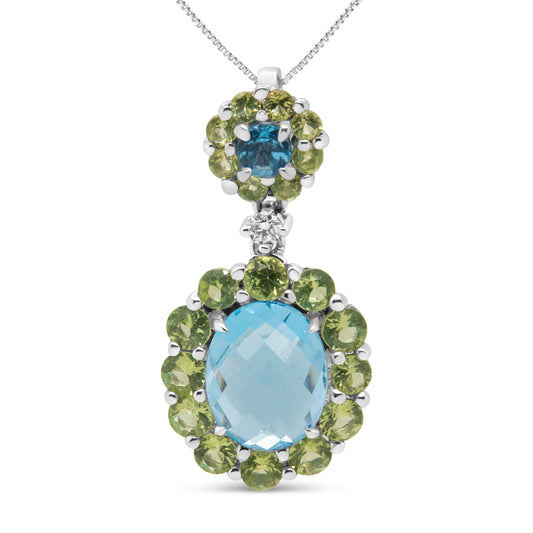Collier pendentif en or blanc 18 carats avec diamants ronds de 0,05 carat et halo de topazes bleues et péridots verts, 45,7 cm (couleur F-G, pureté VS1-VS2)