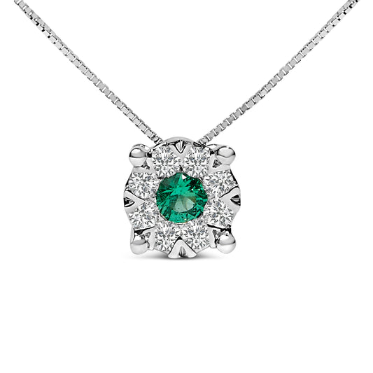 Collier avec pendentif en or blanc 14 carats, émeraude verte de 3,8 mm et diamant composite halo de 1/3 carat (couleur F-G, pureté VS2-SI1) de 45,7 cm