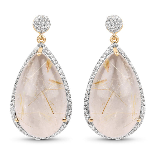 Boucles d'oreilles en argent sterling 925 plaqué or jaune 14 carats avec rutile doré véritable de 35,15 carats et topaze blanche