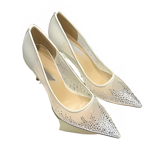 Tacones altos y zapatos individuales de mujer para primavera y verano, nuevos zapatos de mujer con boca poco profunda, de malla con diamantes, a la moda, para banquetes, con punta.