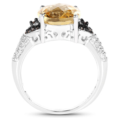 4.65 Carat Genuine Citrine, Champagne Diamond & White Diamond .925 Sterling Silver Ring