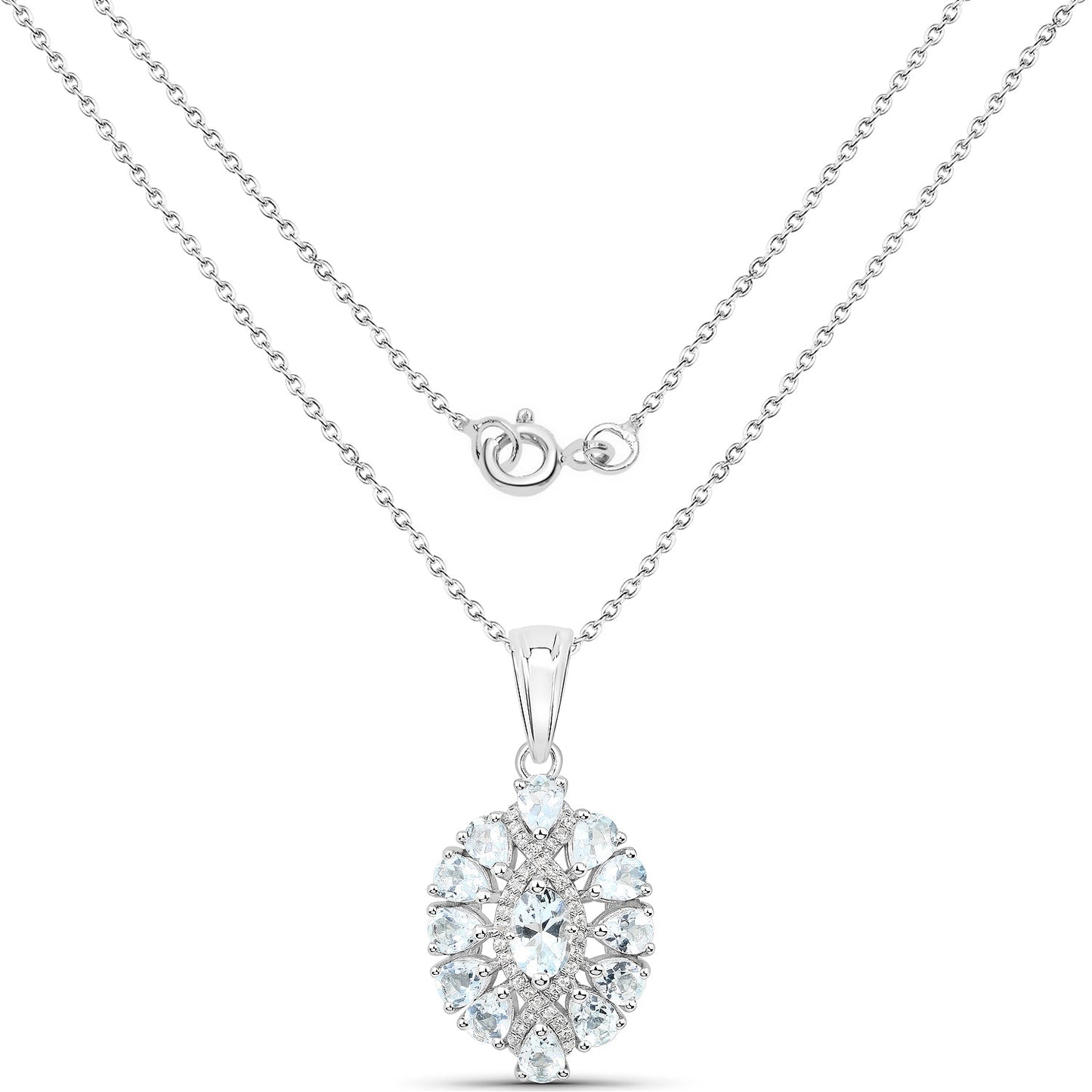 1.89 Carat Genuine Aquamarine and White Topaz .925 Sterling Silver Pendant