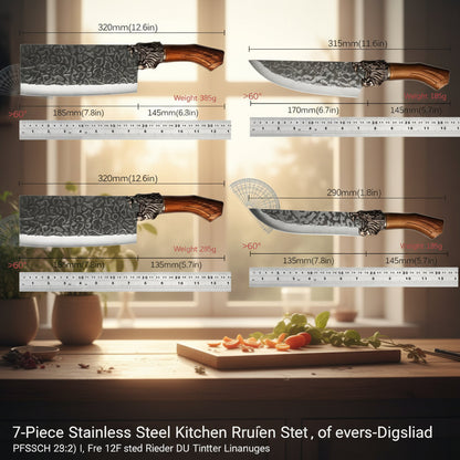 7-Piece Stainless Steel Kitchen Knife Set - Forged Professional Kitchen Knife Set, Boning, Slicing, Carving, Filleting, Deboning,Ping, Ultra-Sharp Cooking Tools for Meat and Fish Meatcleaverset Kitchenware