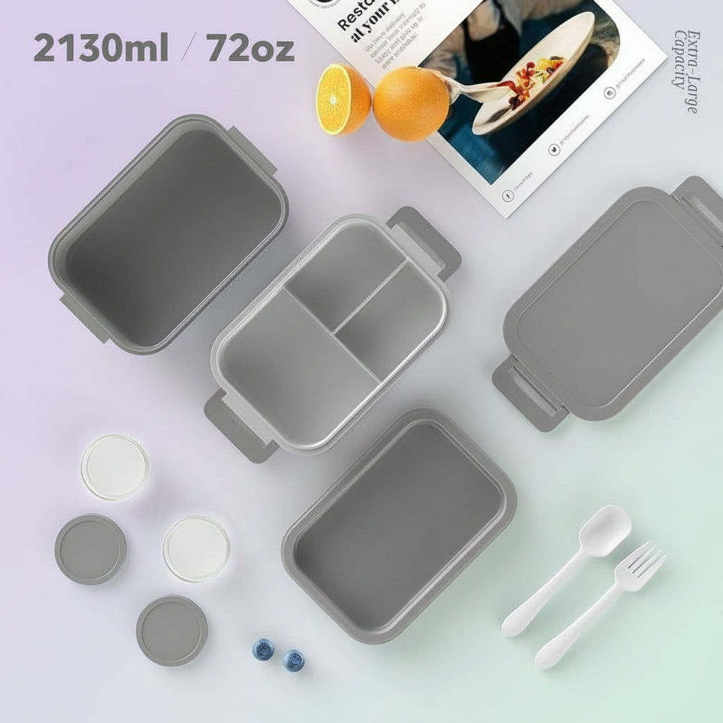 Adult Lunch Box Kids 3 Layers Stackable,Bento Lunch Box 72Oz Large Capacity Leak-Proof with Sauce Containers for Work,School,Outside Tableware Grey