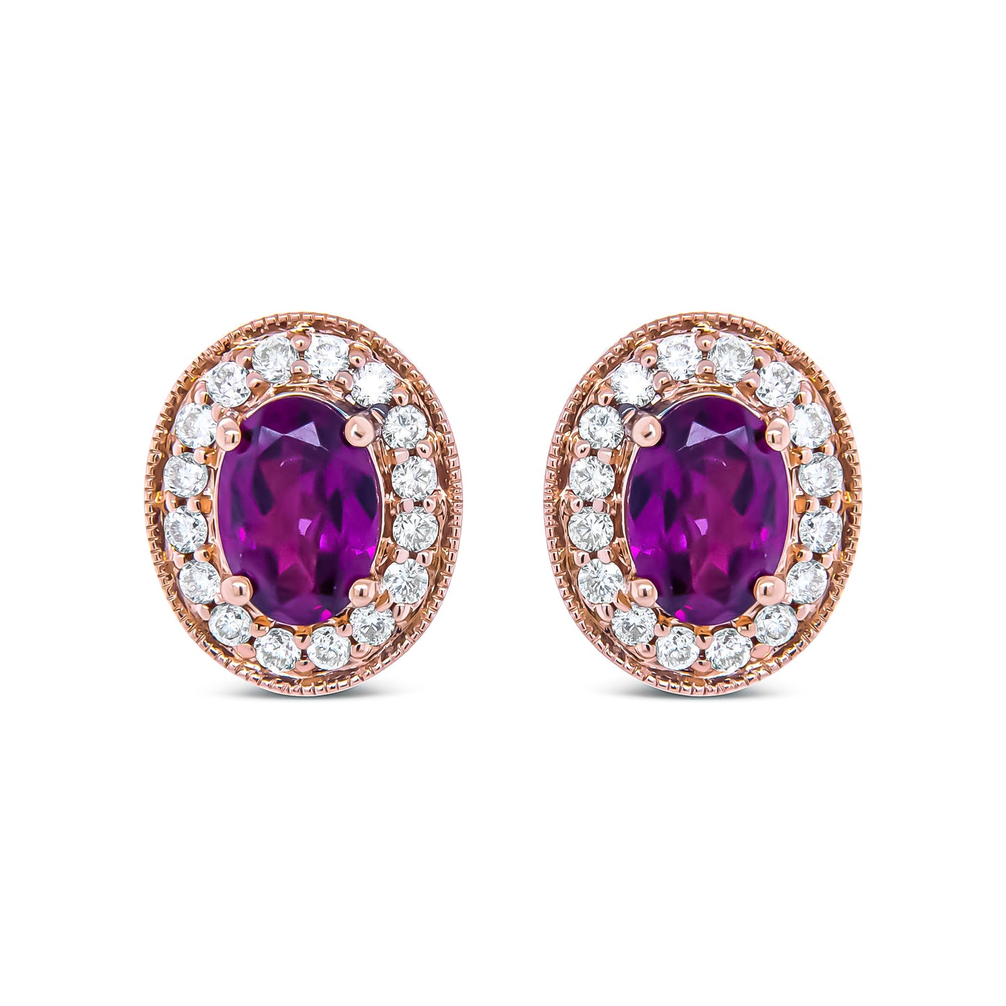 14K Rose Gold 7x5mm Oval Cut Garnet and 3/8 Cttw Round Diamond Halo Stud Earrings (G-H Color, SI1-SI2 Clarity)