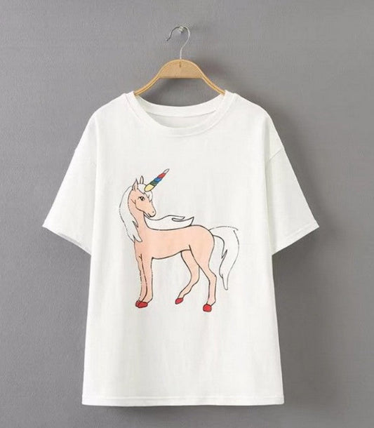 Camiseta de manga corta con estampado de unicornio estilo coreano