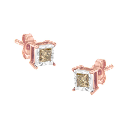 Boucles d'oreilles clous en argent sterling .925 plaqué or rose 14 carats bicolore serties d'un diamant solitaire carré de taille princesse de 0,5 carat (couleur K-L, pureté I2-I3)
