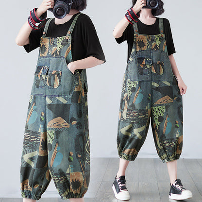 Summer Real Shot Printed Denim Slim Overalls