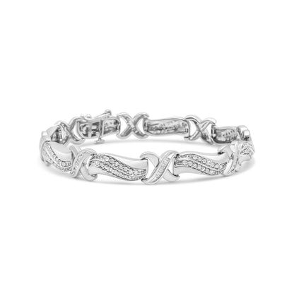 .925 Sterling Silver 1 3/4 Cttw Diamond Wave and X Link Tennis Bracelet (I-J Color, I3 Clarity) - 7"