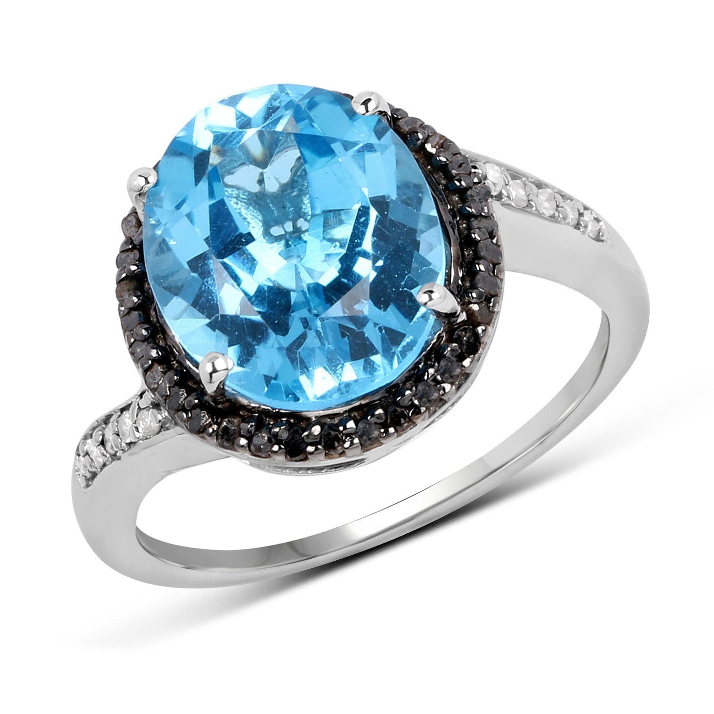 5.48 Carat Genuine Swiss Blue Topaz, Black Diamond and White Diamond .925 Sterling Silver Ring