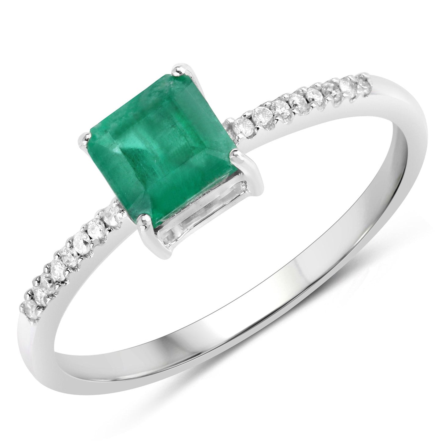 0.64 Carat Genuine Zambian Emerald and White Diamond 14K White Gold Ring