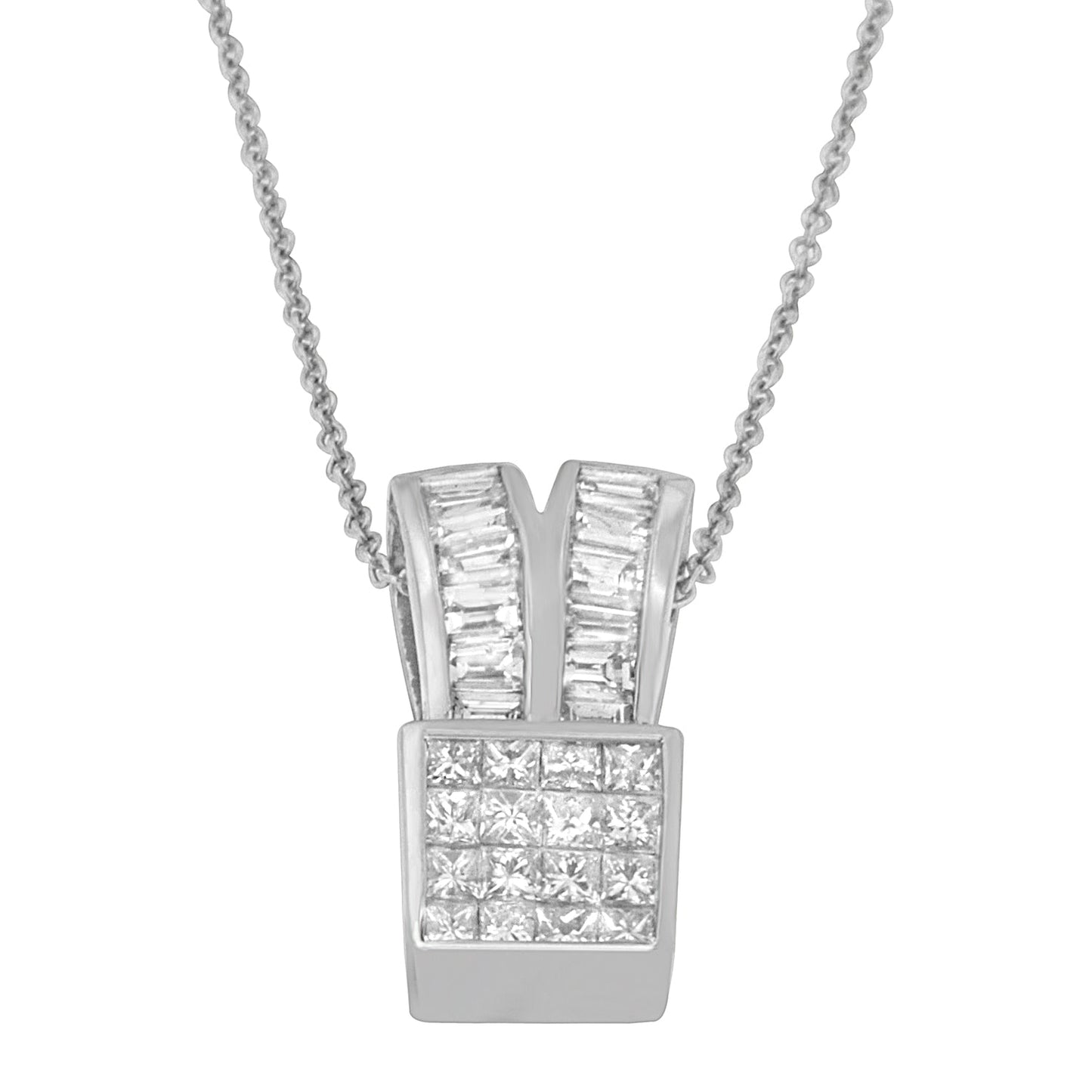 14K White Gold 1 5/8 cttw Princess and Baguette Cut Diamond Heart Ribbon Pendant Necklace (G-H, VS1-VS2)