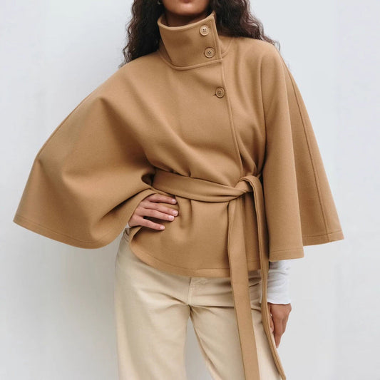 Abrigo de invierno de cuello alto con mangas murciélago y cinturón, moda, suelto, elegante, con botones, gabardina para ropa de mujer