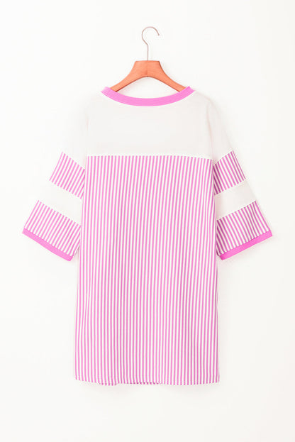Striped Round Neck Three-Quarter Sleeve Mini Dress