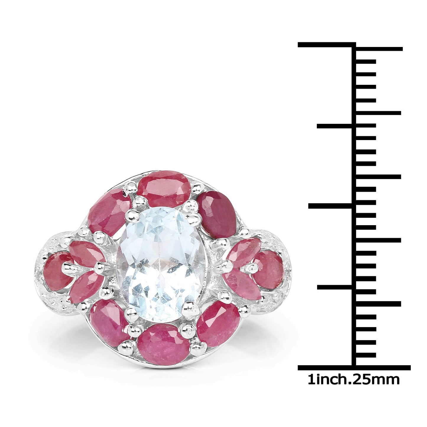 3.54 Carat Genuine Aquamarine, Ruby and White Topaz .925 Sterling Silver Ring