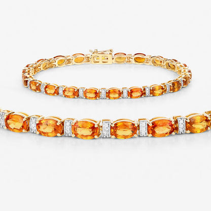 12.33 Carat Genuine Orange Sapphire and White Diamond 14K Yellow Gold Bracelet