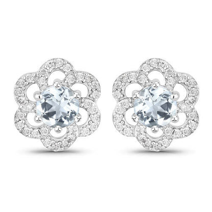 0.60 Carat Genuine Aquamarine and White Diamond 14K White Gold Earrings