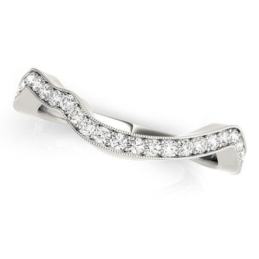 Alliance en or blanc 14 carats, courbée, avec détails milgrain et diamants (1/5 carat au total)