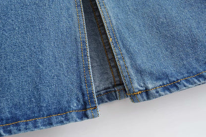 Split Hem Denim Skirt, Bodycon Denim Midi Skirt