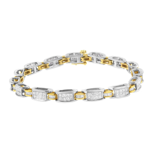 Bracelet jonc en or deux tons 14 carats avec diamants taille princesse et baguette (3,00 carats au total, couleur H-I, pureté SI1-SI2)