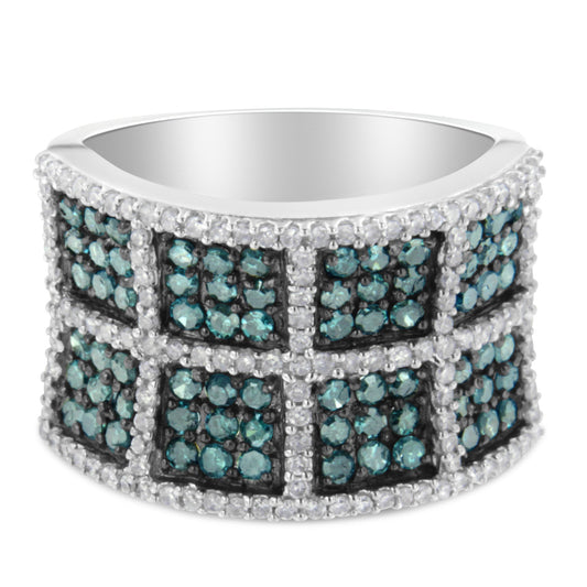 Bague cocktail en or blanc 14 carats avec diamants blancs et bleus traités (1,5 carat total, couleur H-I, pureté I1-I2) - Taille 6
