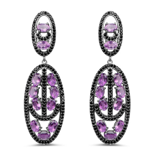 Boucles d'oreilles en argent sterling .925 ornées d'améthyste véritable et de spinelle noir, 12,45 carats