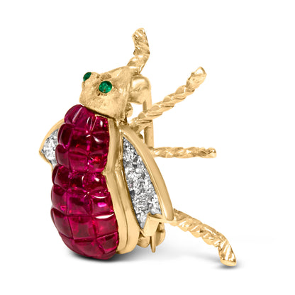 18K Yellow Gold 3/8 Cttw Diamond and 6 3/4 Cttw Red Ruby Bumblebee Brooch Pin (F-G Color, VS2-SI1 Clarity)