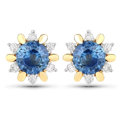1.87 Carat Genuine Blue Sapphire and White Diamond 14K Yellow Gold Earrings