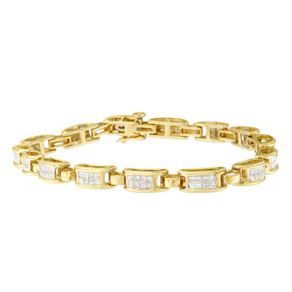 10K Yellow Gold 2.0 Cttw Invisible-Set Princess Cut Diamond Rectangular Link Bracelet (I-J Color, SI2-I1 Clarity) - 7"