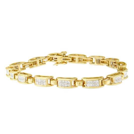 Bracelet en maillons rectangulaires en or jaune 10K sertis invisibles de diamants taille princesse 2,0 carats (couleur I-J, pureté SI2-I1) - 7"