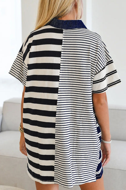Button Detail Striped Short Sleeve Mini Dress